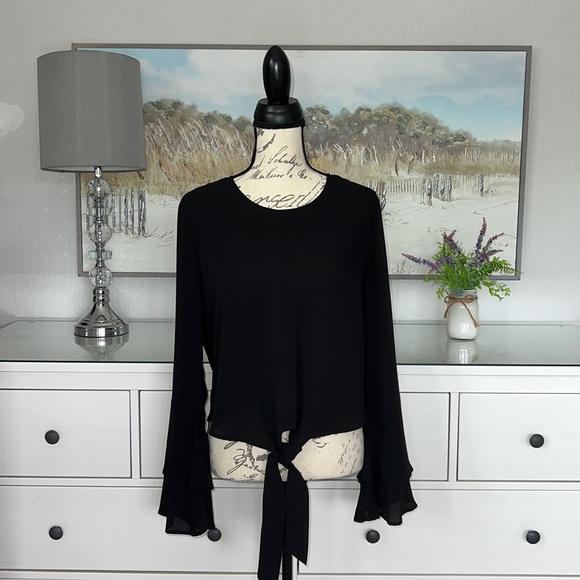 Self 💚 Esteem Bell Sleeve Mid-Crop Pullover Sheer Tie Front Blouse in Jet-black - Picture 7 of 8